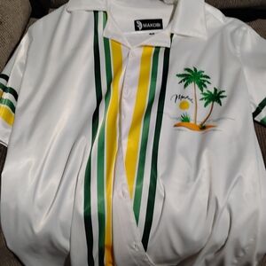 Makobi Men's Casual Button Down Shirt - White with Green and Yellow Stripes